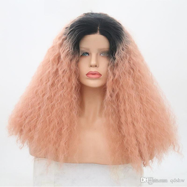 Pink Lace Front Curly Wigs Synthetic Heat Resistant Fiber Hair Handmade Glueless Ombre Dark Root Pink Synthetic Lacefront Curly Wig