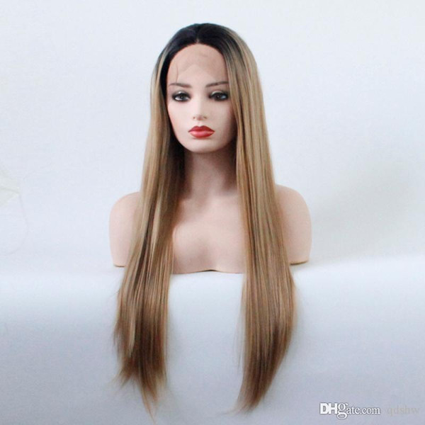 Ombre Lace Front Wigs Synthetic Dark Roots Two Tones Color Heat Resistant Fiber Long Straight Hair 1B 27 Color Ombre Blonde Synthetic Wig