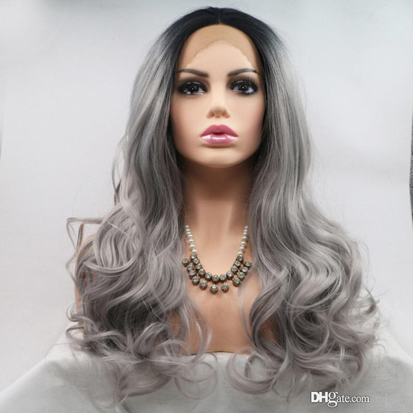 Grey Dark Rooted Wig Ombre Color Silver Glueless Heat Resistant Long Body Wave Gray Synthetic Lace Front Wigs For Black Women