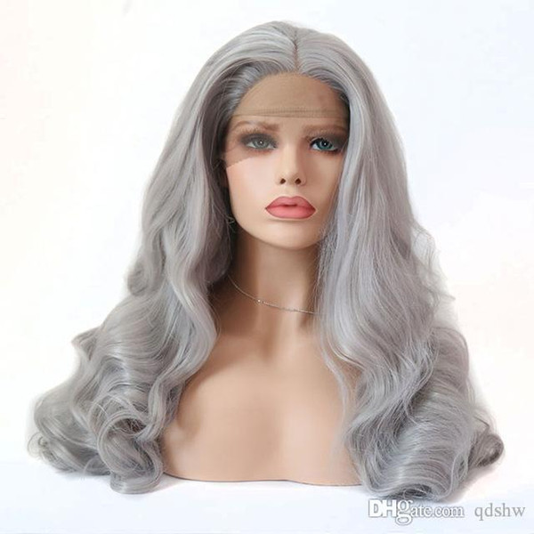 Silver Grey Synthetic Lace Front Wig Body Wave Glueless Heat Resistant Fiber Lacefront Gray Synthetic wigs For White Women