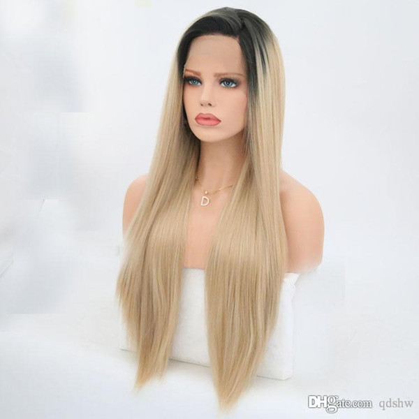 Blonde Ombre Synthetic Wig Heat Resistant Straight Natural Hairline Hand Made Glueless Fiber Hair Synhtetic Blonde Lace Front Wigs Baby Hair