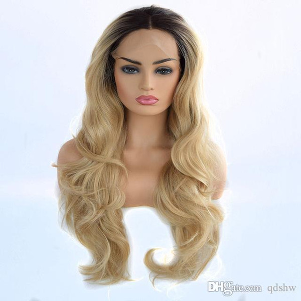 Synthetic Lace Front Wig Dark Roots Ombre Gold Blonde Body Wave Heat Resistant Fiber Hair Synthetic Wigs Natrual Hairline For White Women