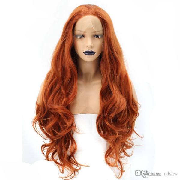 Orange Color Lace Wig High Temperature Fiber Synthetic Hair Free Part Glueless Long Body Wave Copper Red Synthetic Lace Front Wigs