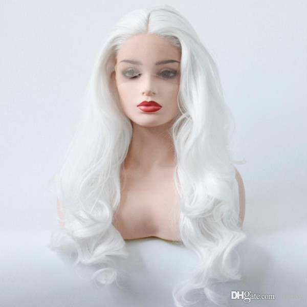 Long White Wigs For Sale Heat Resistant Fiber Hair Glueless Synthetic Body Wave White Long Lace Front Wigs For Women