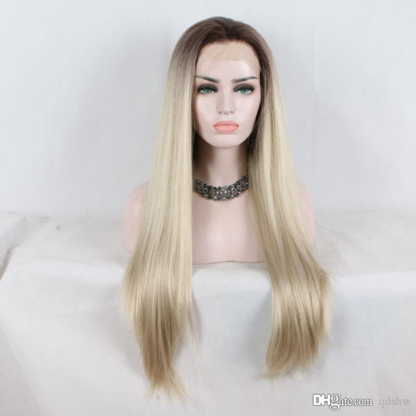 Synthetic Blonde Lace Front Wigs Colored Ombre With Baby Hair Heat Resistant Long Straight Glueless Dark Root Blonde Ombre Synthetic Wig