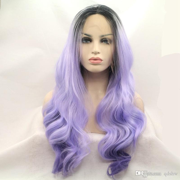 Ombre Lace Front Wig Synthetic With Dark Roots Purple To Deep Purple Glueless Long Body Wave Ombre Synthetic Wigs For Women