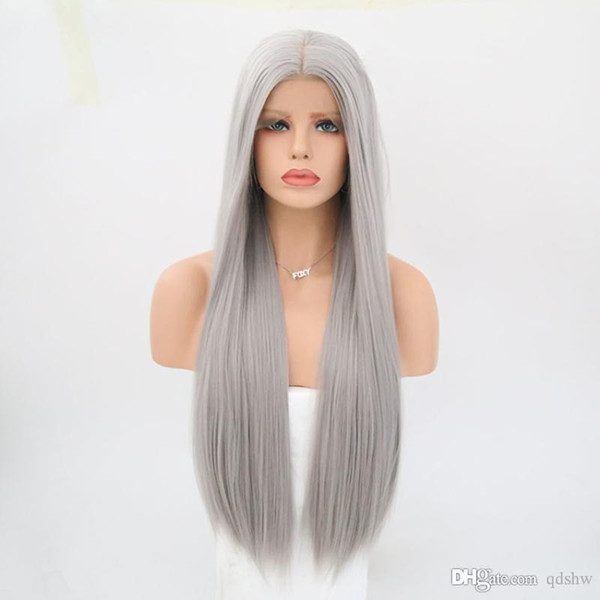 Silver Lace Front Wig Heat Resistant Synthetic Fiber Hair Natural Straight Lacefront Glueless Grey Synthetic Lace Wigs Middle Part