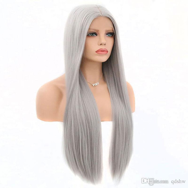 Long Straight Gray Synthetic Lace Front Wig Silver Grey Soft Natural Hairline Heat Resistant Synthetic Hair Women Wigs Cheap For White Women