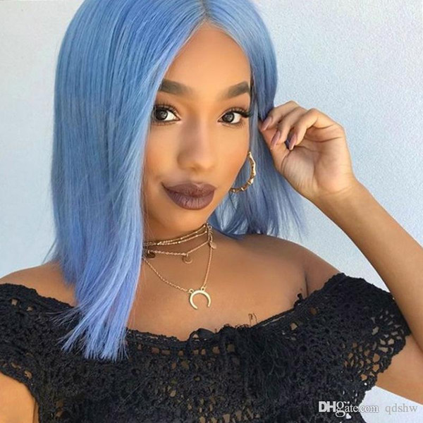 Blue Lace Front Wig Bob Short Cut Straight Straight Hair Glueless Heat Resistant Short Blue Synthetic Lacefront Wigs For Black Women