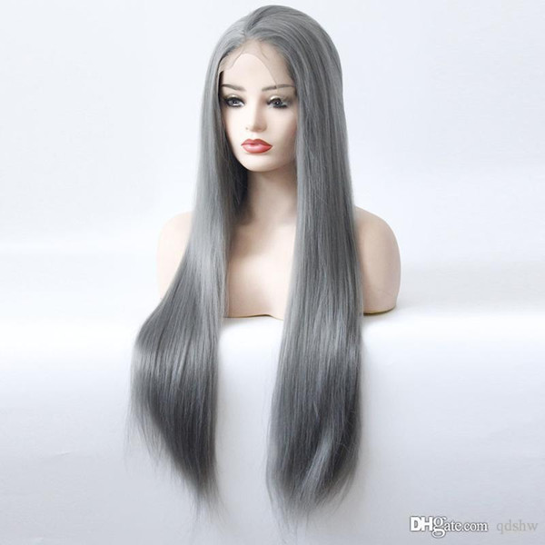 Grey Synthetic Wig Heat Resistant Fiber Long Straight Dark Gray Color Glueless Synthetic Lace Front Wigs For White Women Baby Hair