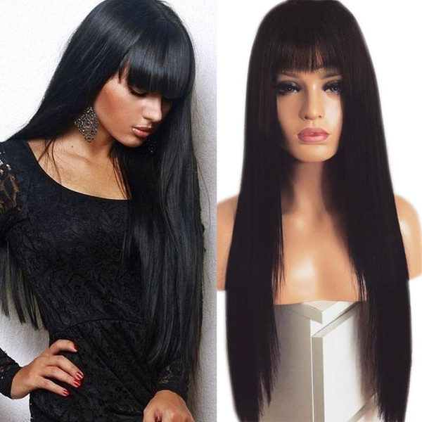 Synthetic Lace Front Wig Bangs Heat Resistant Cheap Natural Black Hair Long Straight Synthetic Wigs With Bang For Black Women