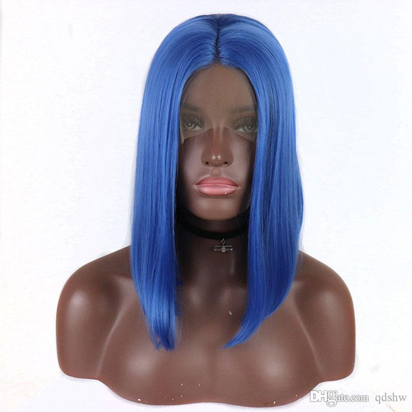 Short Bob Synthetic Hair Lace Front Wig Glueless Blue Straight Heat Resistant Fiber Hair Middle Part For Black Women