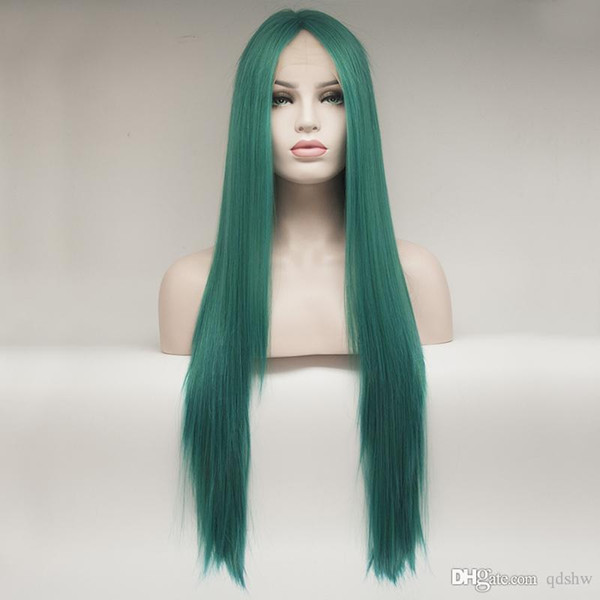 Synthetic Hair Wigs For Sale Half Hand Tied Long Silky Straight Color Green Synthetic Lace Front Wig With Baby Hair Middle Part