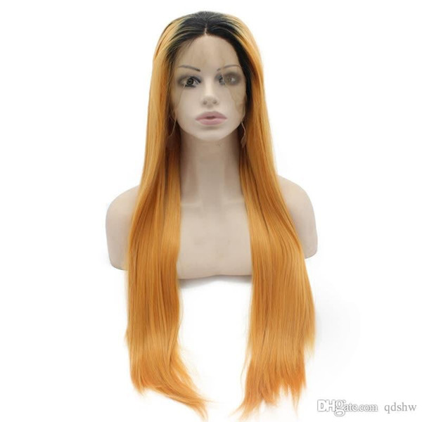 Ombre Straight Lace Front Wig For Women Orange Glueless Long Straight 180 Density Synthetic Hair Lace Front Wigs Middle Part