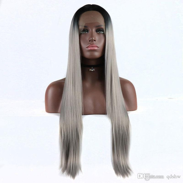 Black Grey Ombre Wig Dark Root High Temperature Fiber Medium Glueless Long Silky Straight Grey Synthetic Lace Front Wigs For Black Women