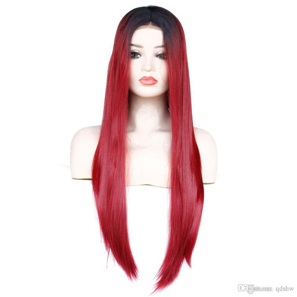 Red Wine Lace Front Wig For Sale High Temperature Heat Resistant Fiber Long Straight Black Ombre Burgundy Synthetic Lacefront Wigs For Women