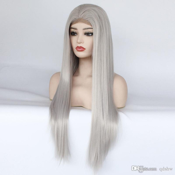 Synthetic Hair Wig Silver Grey Color Heat Resistant Fiber Hair Glueless Straight Glueless Synthetic Gray Lace Front Wigs For Women