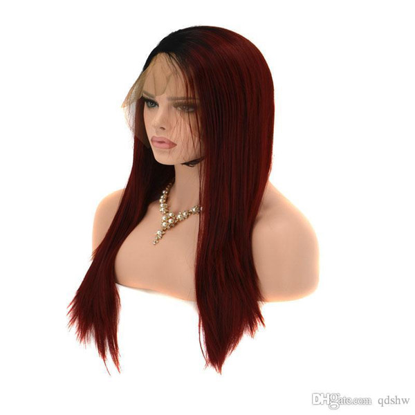 Burgundy Ombre Synthetic Lace Front Wig Dark Root Straight Glueless Heat Resistant Fiber Wine Red Synthetic Lace Wigs With Baby Hair