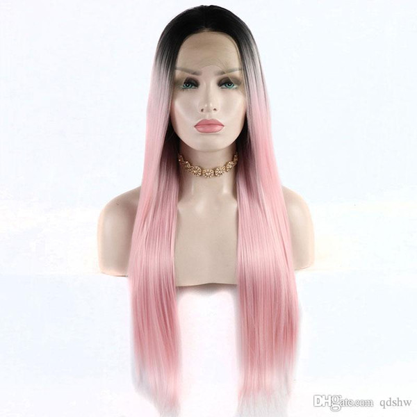 Dark Roots Ombre Rose Gold White Pink Lacefront Wigs Heat Resistant Fiber Straight Synthetic Lace Front Wig Middle Parting For Women