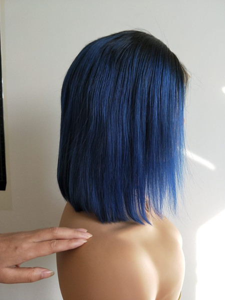 Bob Lace Front Human Hair Wigs Blue color Baby Hair Pre Plucked Brazilian natural Hairline Straight Short For Black Women
