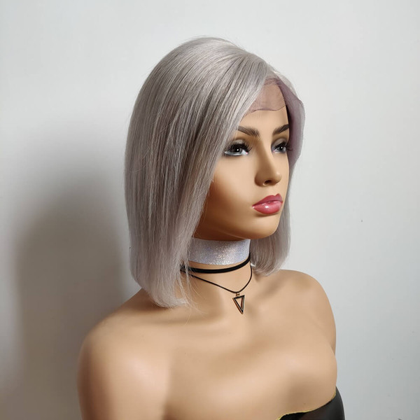 Lace Front wigs Short BOB Pure grey color Pre Plucked Natural Hairline Malaysian Indian Peruvian Brazilian Hair Bleach Knots 150%Density