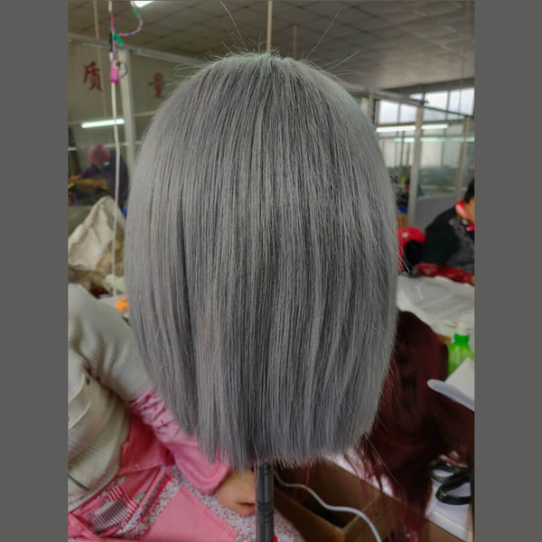 Lace Front wigs Short BOB Pure grey color with bangs Pre Plucked Natural Hairline Indian Peruvian Brazilian Hair Bleach Knots 150%Density