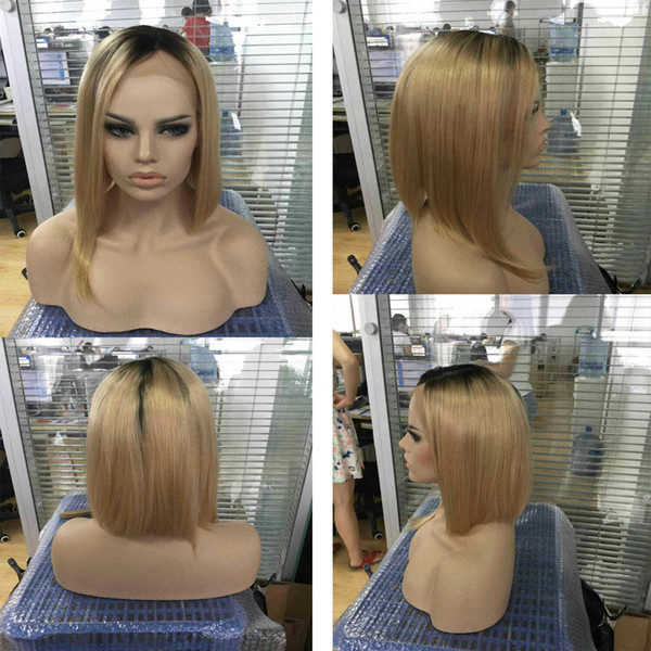 Ombre Short Bob Lace Wigs Remy Human Hair Stright Front Lace Wigs with Baby Hair 130% Density #1B/27 Front Lace Bob Wigs