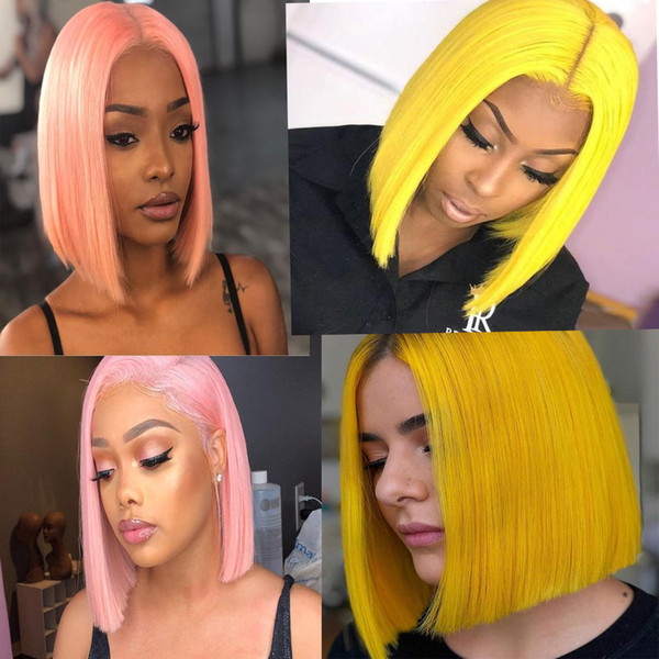 Pure Pink Yellow Full Lace Human Hair Wigs Short Bob wigs straight Brazilian Virgin Human Hair 130density Lace Front wig With Baby Hair