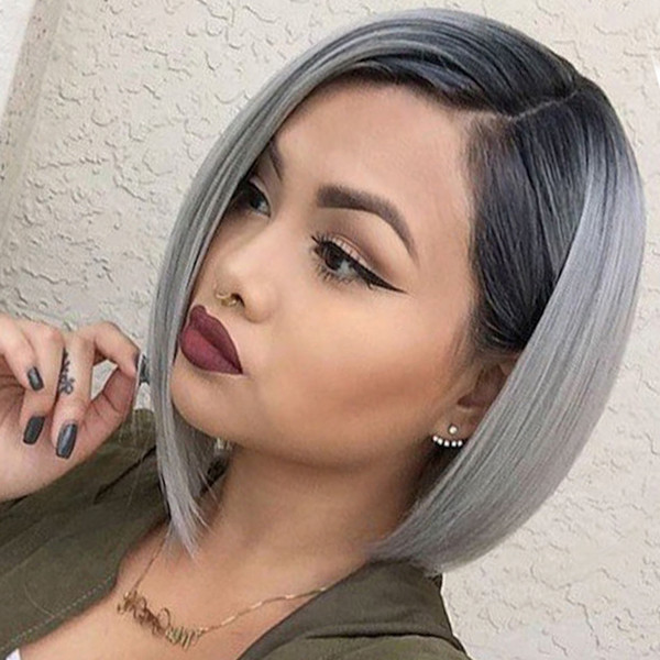 1B/grey Short Bob Lace Wig Brazilian Remy Hair Straight Lace Front Human Hair Wigs Ombre Color Lace Wigs with Baby Hair