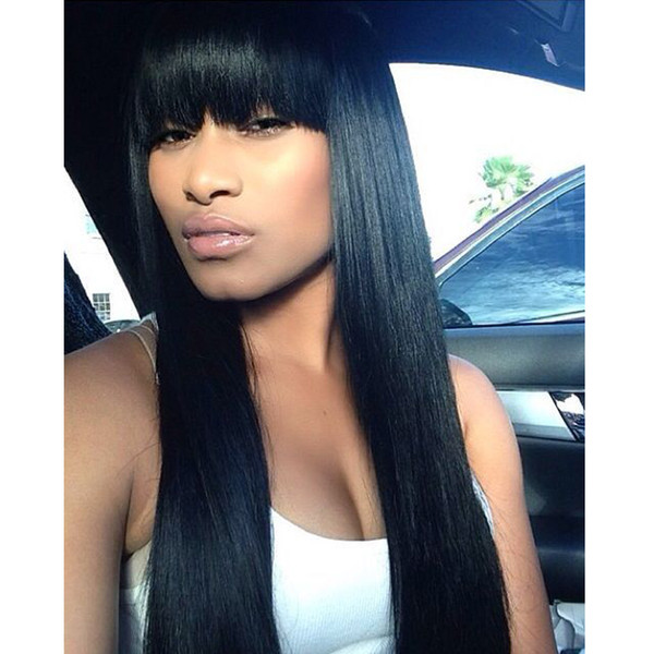 Full Lace Human Hair Wig Straight With Bangs Pre-plucked Hairline 150% Density Brazilian Virgin Hair Lace Front Wig Bleached Knots
