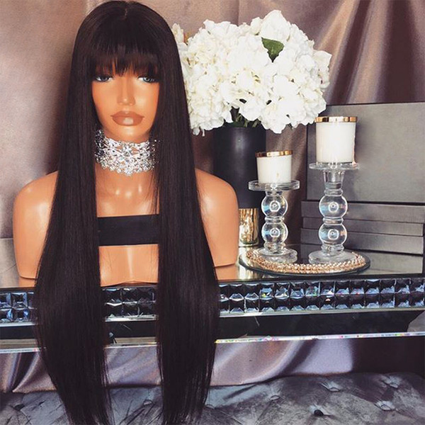 Full Lace Human Hair Wig Silky Straight With Bangs Malaysian Virgin Hair Lace Front Wig Pre-plucked Hairline 150% Density Bleached Knots