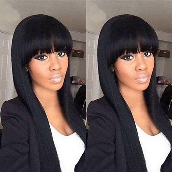 Full Lace Human Hair Wig Straight With Bangs 150% Density Peruvian Virgin Hair Pre-plucked Hairline Lace Front Wig Bleached Knots