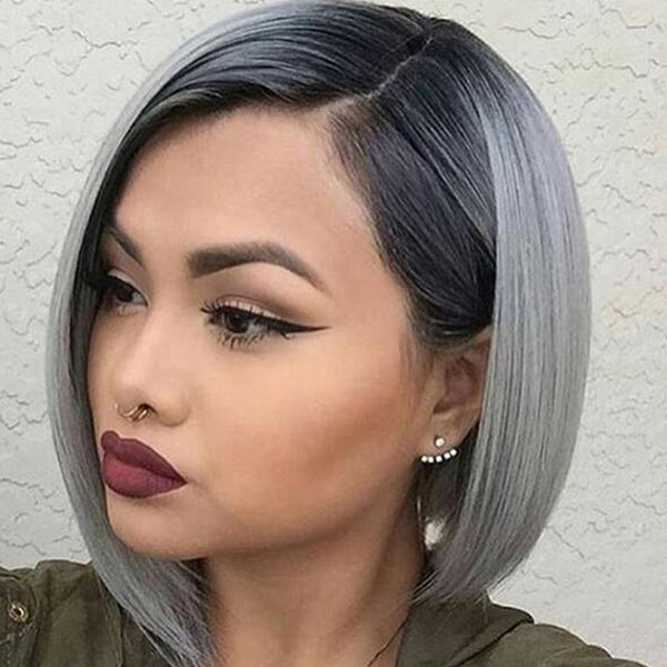 Full Lace Human Hair wigs Bob Wigs Ombre Two Tone T1B/Grey Straight Brazilian Virgin Hair 150 Density Bleached Knots Lace Front Wigs