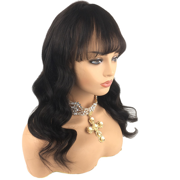 Full Lace Human Hair Wig Natural Wave With Bangs Wavy Brazilian Virgin Hair Pre Plucked Hairline 150 Density Lace Front Wig Bleached Knots