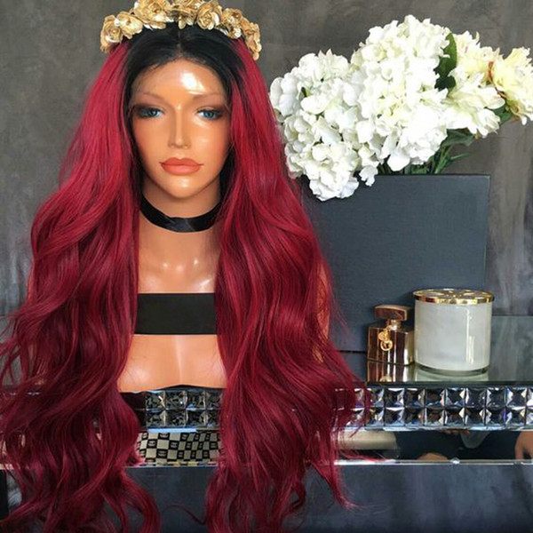 Full Lace Human Hair Wigs Ombre T1B/Burgundy Brazilian Virgin Hair With Baby Hair 150 Density Wavy Natural Hairline Lace Front Wigs