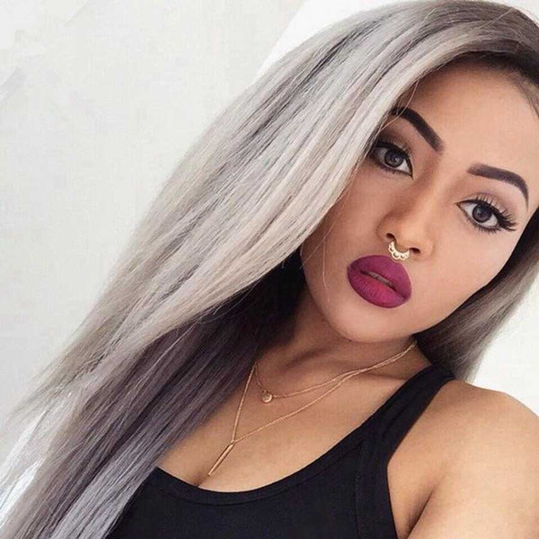 Full Lace Human Hair Wigs Ombre Two Tone T1B/Grey Silky Straight Brazilian Virgin Hair 150 Density Bleached Knots Lace Front Wigs Glueless