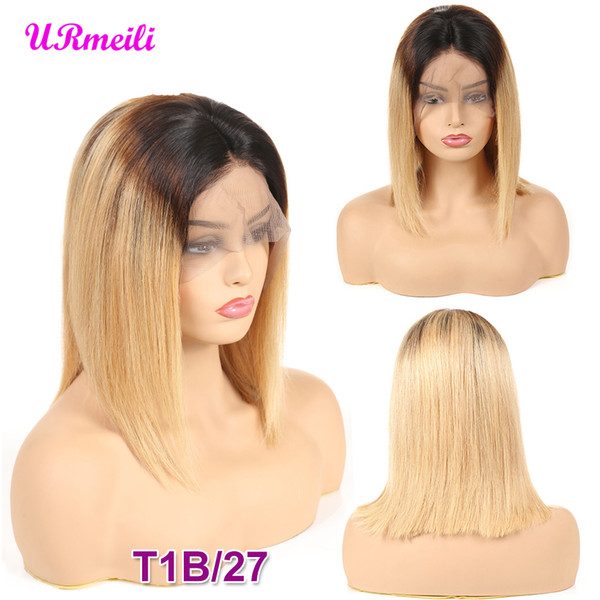 Short Bob Human Hair Wigs For Women Ombre 1B/27 Black Roots Remy Brazilian Lace Front Human Hair Wigs Plucked With Baby Hair