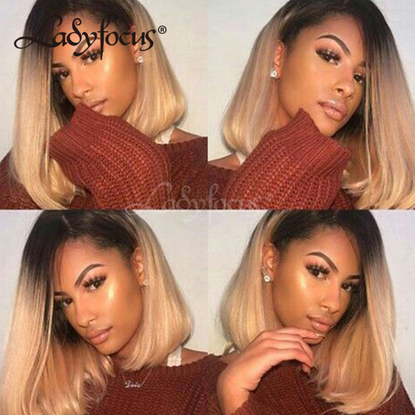 Lady Focus 1B 27 Full Lace Human Hair Wigs Straight Ombre Honey Blonde Bob Wig Pre Plucked Lace Front Wig For Black Women