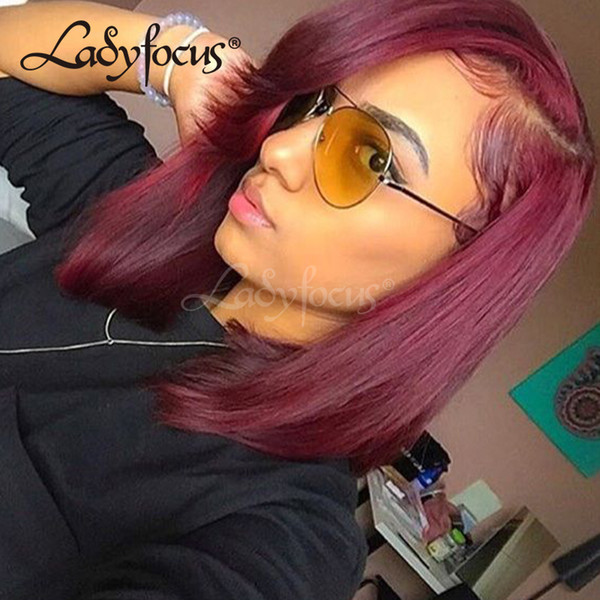 Lady Focus Burgundy Full Lace Wigs With Baby Hair Straight Bob Human Hair Wigs Red Wine Lace Front Wig For Black Women