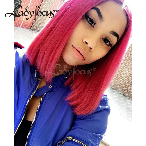 Pink Color Full Lace Human Hair Wigs Bleached Knots Dark Roots Straight Bob Lace Front Wig Peruvian Pink Wig