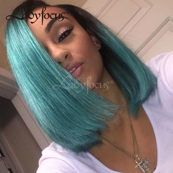 Lady Focus Green Full Lace Human Hair Wigs Bleached Knots Dark Roots Straight Lace Front Wig Bob Two Tone Wig For Black Women