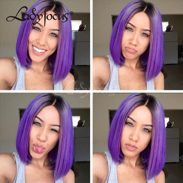 Lady Focus Purple Full Lace Human Hair Wigs Bleached Knots Dark Roots Straight Bob Lace Front Wig Brazilian Two Tone Purple Wig