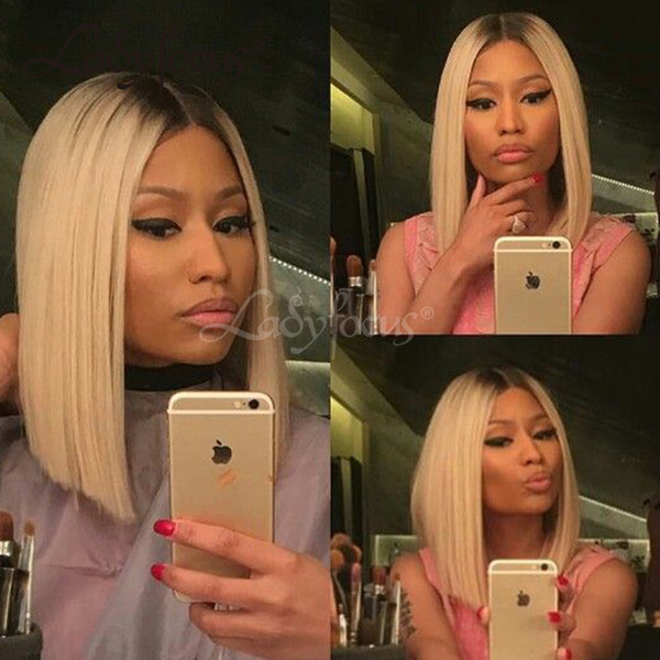 Nicki Style Blonde Full Lace Human Hair Wigs Dark Roots #613 Straight Lace Front Wig Bob Two Tone Wig For Black Women