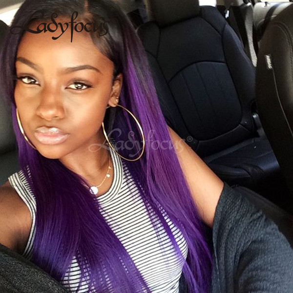 Long Purple Full Lace Human Hair Wigs Bleached Knots Dark Roots Straight Lace Front Wig Brazilian Two Tone Wig For Black Women