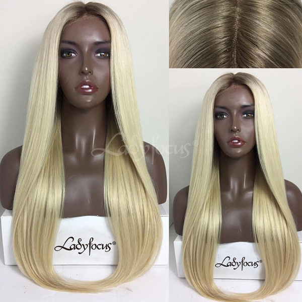 1B 613 Blonde Full Lace Human Hair Wigs Straight Dark Roots Lace Front Wig Brazilian Two Tone Wig For Black Women