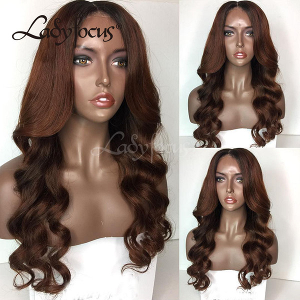 Lady Focus Full Lace Human Hair Wigs Reddish Brown Ombre Two Tone Natural Wave Lace Front Wig Bleached Knots With Baby Hair