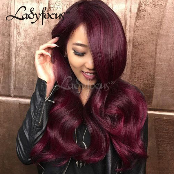 Lady Focus Natural Wave Burgundy Full Lace Wigs Brazilian Human Hair Wigs Red Wine Lace Front Wig Bleached Knots