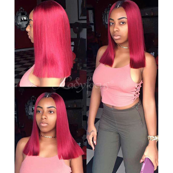 Cherry Pink Full Lace Human Hair Wigs Bleached Knots Dark Roots Straight Bob Lace Front Wig Ombre Pink Wig