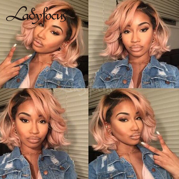 Pink Full Lace Wigs With Baby Hair Dark Roots Bob Wave Lace Front Wig Virgin Human Hair Ombre Pink Wig