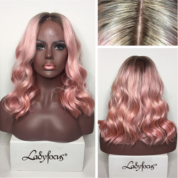 Pink Full Lace Human Hair Wigs Bleached Knots With Baby Hair Dark Roots Natural Wave Lace Front Wig Ombre Pink Wig